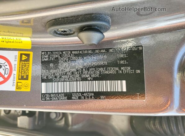 5TDYZRFH9JS268165 2018 TOYOTA HIGHLANDER Gray Панорамний вид салону 360°