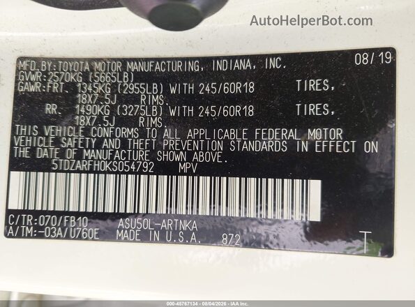 5TDZARFH0KS054792 2019 TOYOTA HIGHLANDER Белый Вид подкапотного пространства