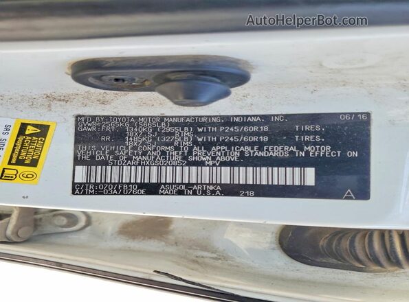 5TDZARFHXGS020852 2016 TOYOTA HIGHLANDER White 