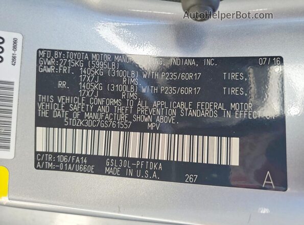5TDZK3DC7GS761557 2016 TOYOTA SIENNA Silver Widok wnętrza 360 stopni