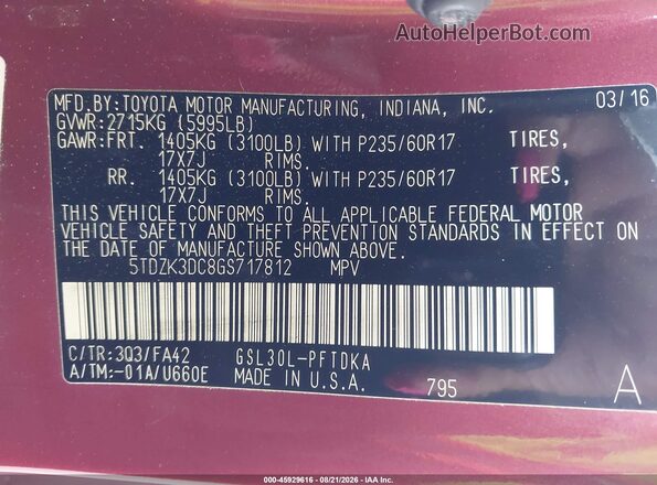 5TDZK3DC8GS717812 2016 TOYOTA SIENNA Red Вид підкапотного простору