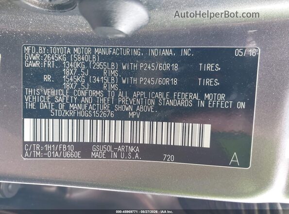 5TDZKRFH0GS152676 2016 TOYOTA HIGHLANDER Gray Vista del compartimento del motor
