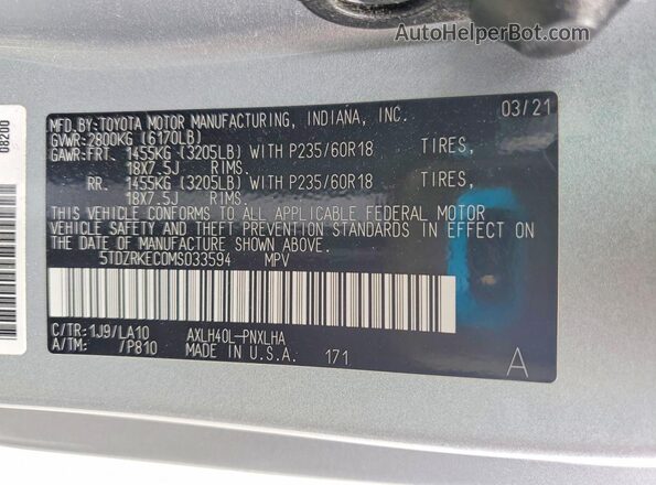 5TDZRKEC0MS033594 2021 TOYOTA SIENNA Silver Вид наклейки з VIN-кодом