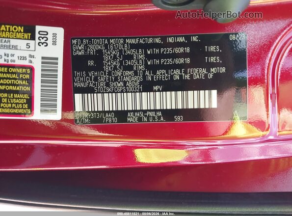 5TDZSKFC6PS100321 2023 TOYOTA SIENNA Red ძრავის განყოფილების ხედი