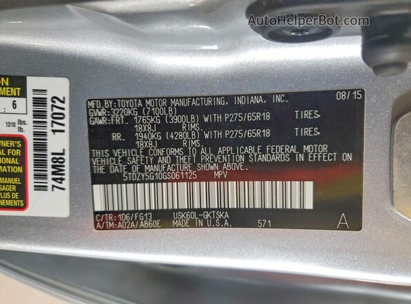 5TDZY5G10GS061125 2016 TOYOTA SEQUOIA Silver Vista interior de 360 grados