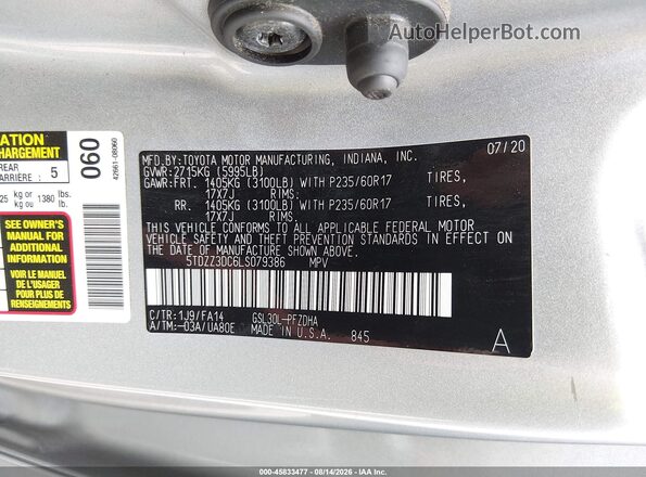 5TDZZ3DC6LS079386 2020 TOYOTA SIENNA Silver Вид підкапотного простору