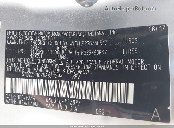 5TDZZ3DC7HS871294 2017 TOYOTA SIENNA Silver Вид підкапотного простору