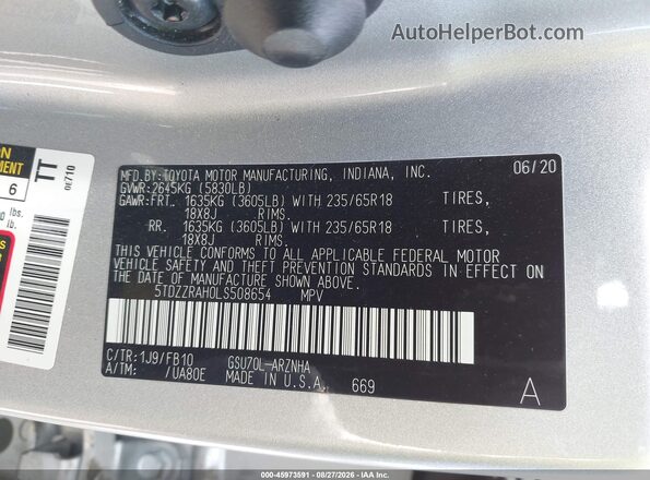 5TDZZRAH0LS508654 2020 TOYOTA HIGHLANDER Silver Vista del compartimento del motor