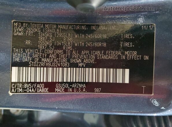 5TDZZRFH9JS241083 2018 TOYOTA HIGHLANDER Blue VIN կոդի պիտակի տեսք