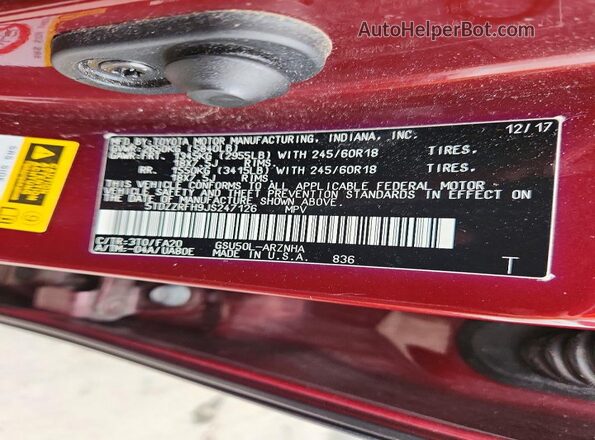 5TDZZRFH9JS247126 2018 TOYOTA HIGHLANDER Темно-бордовый Панорамный вид салона 360°