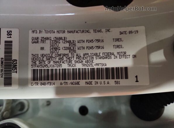5TFAX5GN5LX167285 2020 TOYOTA TACOMA White Widok komory silnika