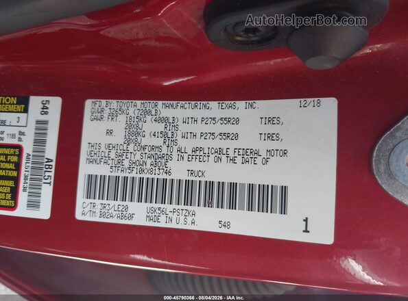 5TFAY5F10KX813746 2019 TOYOTA TUNDRA Red Vista del compartimento del motor