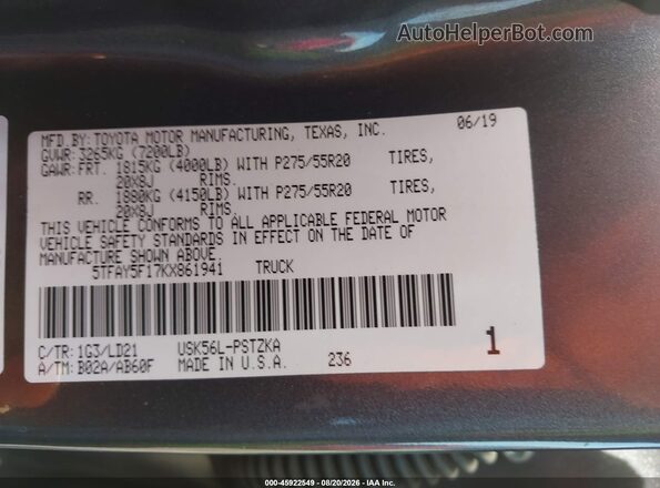 5TFAY5F17KX861941 2019 TOYOTA TUNDRA Gray Vista del compartimento del motor