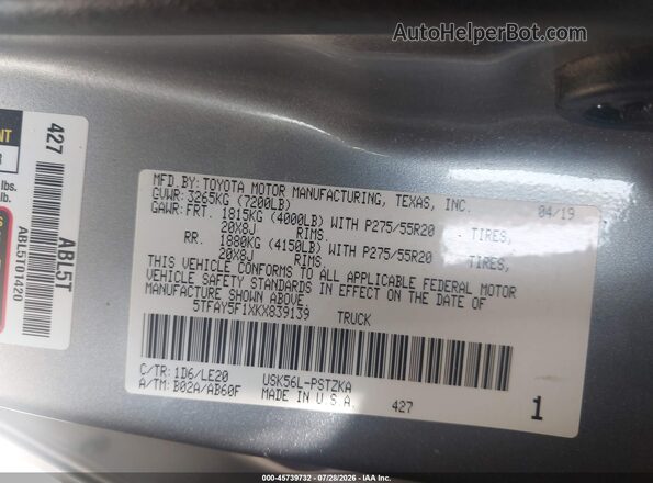 5TFAY5F1XKX839139 2019 TOYOTA TUNDRA Silver Vista del compartimento del motor