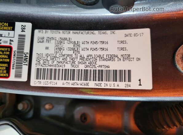 5TFAZ5CN4HX036419 2017 TOYOTA TACOMA Gray Շարժիչի բաժամունքի տեսք