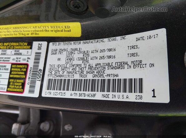 5TFCZ5AN0HX119115 2017 TOYOTA TACOMA Серый Вид подкапотного пространства