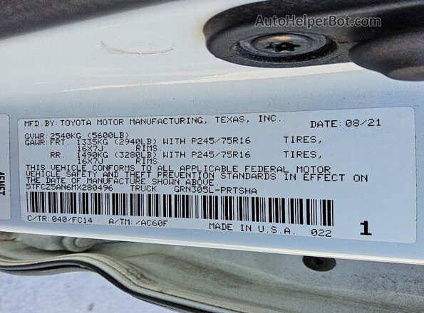 5TFCZ5AN6MX280496 2021 TOYOTA TACOMA White VIN კოდის სტიკერის ხედი
