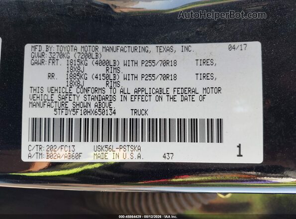 5TFDY5F10HX650134 2017 TOYOTA TUNDRA Black Widok komory silnika