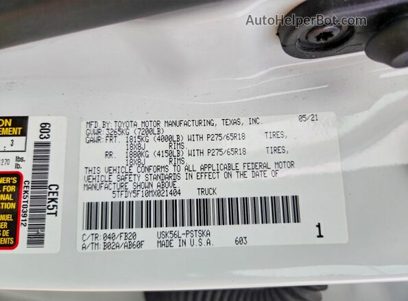 5TFDY5F10MX021404 2021 TOYOTA TUNDRA White Вид підкапотного простору