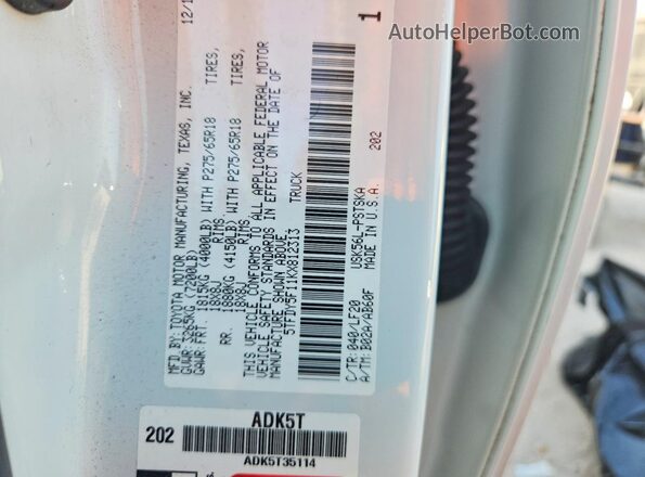 5TFDY5F11KX812313 2019 TOYOTA TUNDRA White VIN კოდის სტიკერის ხედი