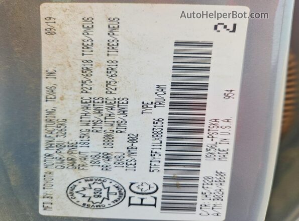 5TFDY5F11LX883156 2020 TOYOTA TUNDRA Gray VIN sticker view