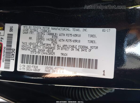5TFDY5F13HX630525 2017 TOYOTA TUNDRA Black Vista del compartimento del motor
