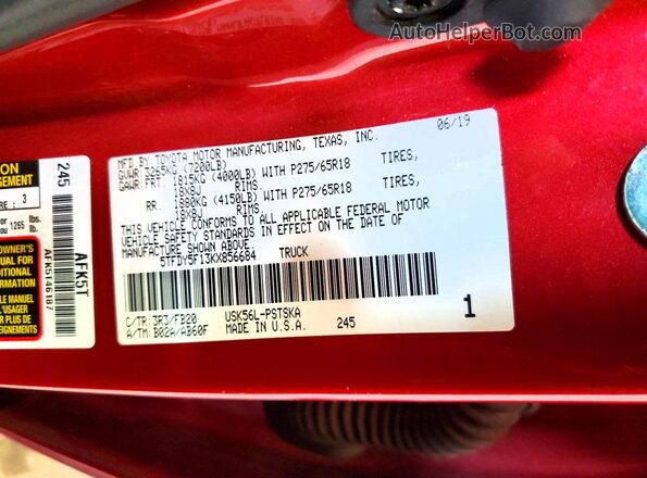5TFDY5F13KX856684 2019 TOYOTA TUNDRA Red Vista del compartimento del motor