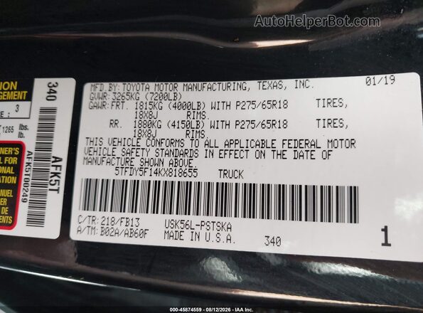 5TFDY5F14KX818655 2019 TOYOTA TUNDRA Black Widok komory silnika