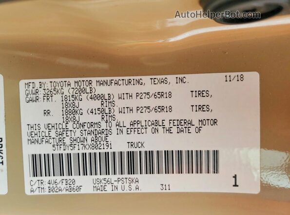 5TFDY5F17KX802191 2019 TOYOTA TUNDRA Tan Widok komory silnika