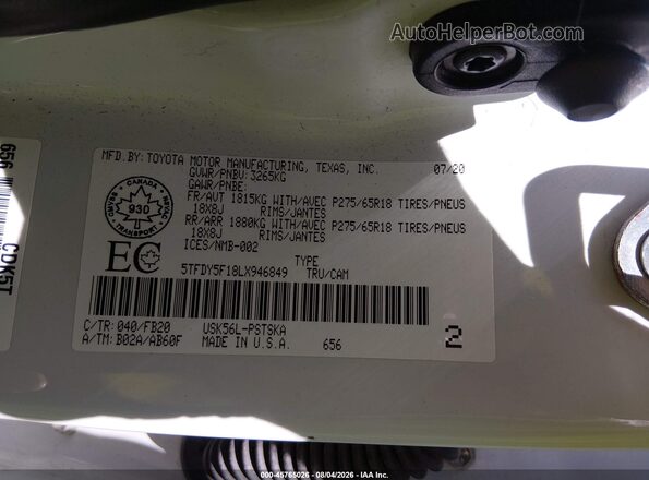 5TFDY5F18LX946849 2020 TOYOTA TUNDRA Белый Вид подкапотного пространства