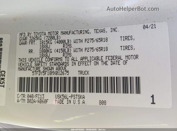5TFDY5F18MX012675 2021 TOYOTA TUNDRA Белый Вид подкапотного пространства