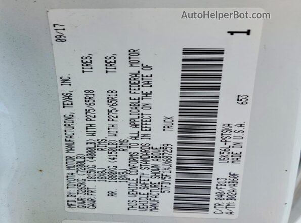 5TFDY5F1XJX687259 2018 TOYOTA TUNDRA White VIN sticker view