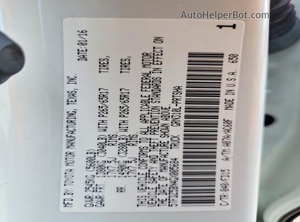 5TFDZ5BN4GX005684 2016 TOYOTA TACOMA White Շարժիչի բաժամունքի տեսք