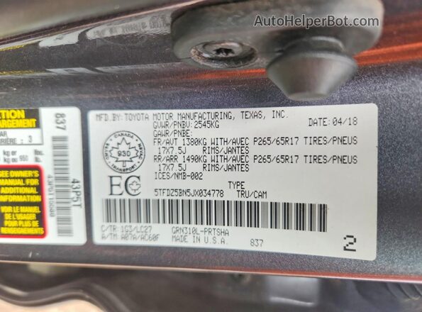 5TFDZ5BN5JX034778 2018 TOYOTA TACOMA Gray Widok naklejki z numerem VIN