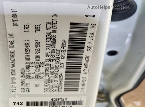 5TFDZ5BNXHX025844 2017 TOYOTA TACOMA White Vista de la etiqueta del VIN