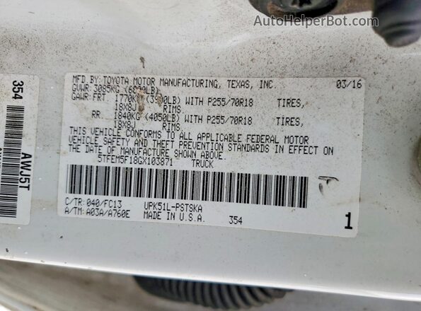 5TFEM5F18GX103871 2016 TOYOTA TUNDRA White Вид підкапотного простору
