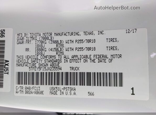 5TFEY5F15JX235594 2018 TOYOTA TUNDRA White Vista del compartimento del motor