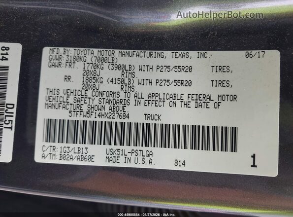 5TFFW5F14HX227684 2017 TOYOTA TUNDRA Gray Engine compartment view