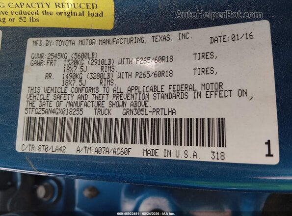 5TFGZ5AN4GX018255 2016 TOYOTA TACOMA Blue Vista del compartimento del motor