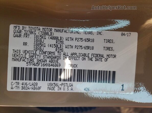5TFHW5F16HX646869 2017 TOYOTA TUNDRA Tan Widok komory silnika