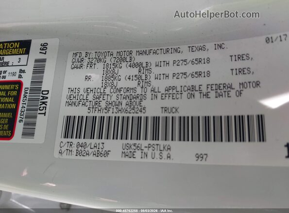 5TFHY5F13HX625245 2017 TOYOTA TUNDRA White Vista del compartimento del motor