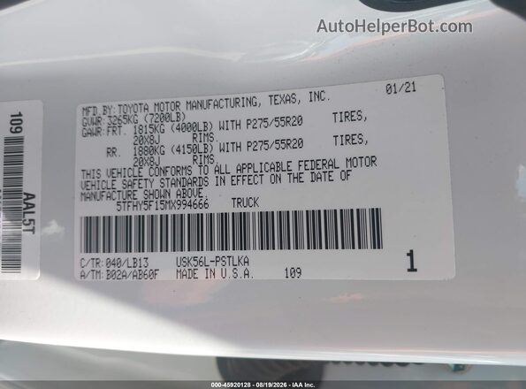 5TFHY5F15MX994666 2021 TOYOTA TUNDRA White Вид підкапотного простору