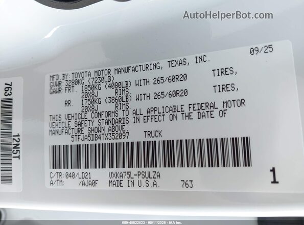 5TFJA5DB4TX352097 2026 TOYOTA TUNDRA White ძრავის განყოფილების ხედი