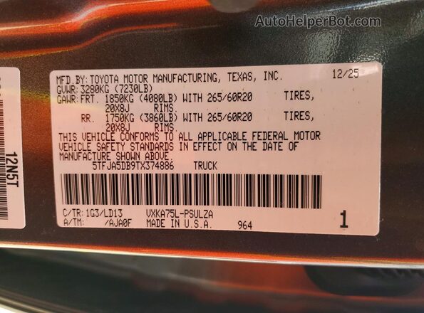 5TFJA5DB9TX374886 2026 TOYOTA TUNDRA Gray Vista de la etiqueta del VIN