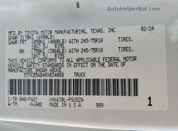 5TFKB5AB4RX034088 2024 TOYOTA TUNDRA White Вид підкапотного простору
