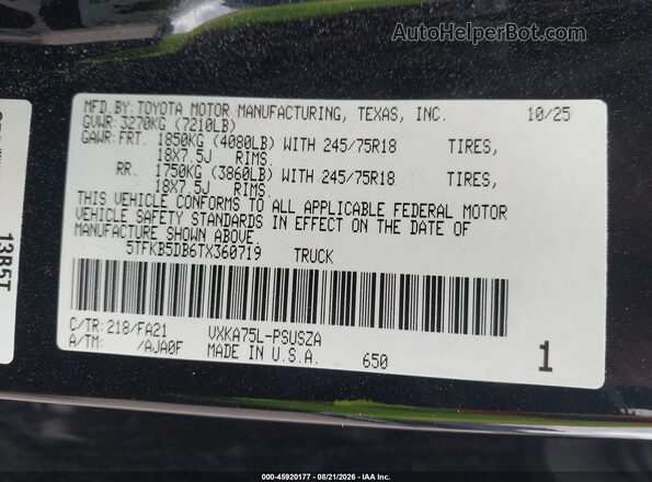 5TFKB5DB6TX360719 2026 TOYOTA TUNDRA Black Engine compartment view