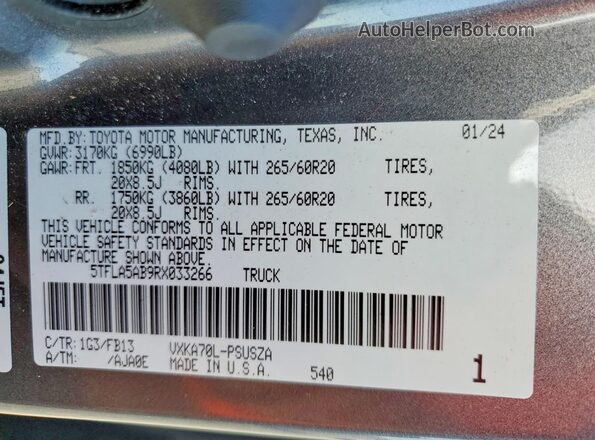 5TFLA5AB9RX033266 2024 TOYOTA TUNDRA Charcoal Widok naklejki z numerem VIN