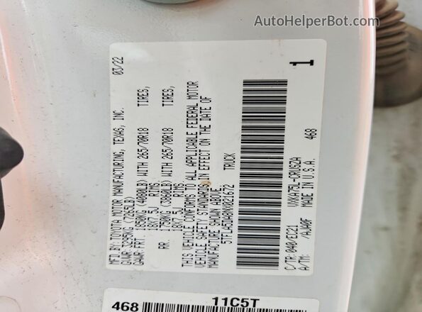 5TFLA5DA8NX021672 2022 TOYOTA TUNDRA White Vista de la etiqueta del VIN