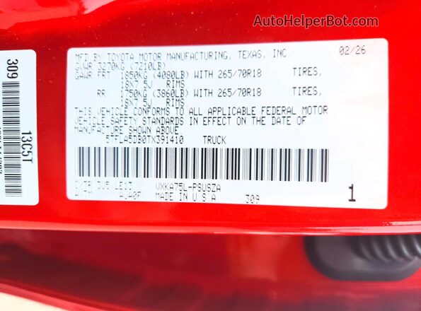 5TFLA5DB0TX391410 2026 TOYOTA TUNDRA Red ძრავის განყოფილების ხედი