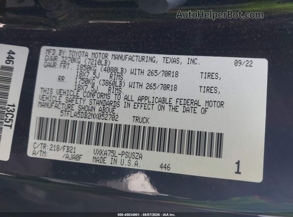 5TFLA5DB2NX052702 2022 TOYOTA TUNDRA Black ძრავის განყოფილების ხედი